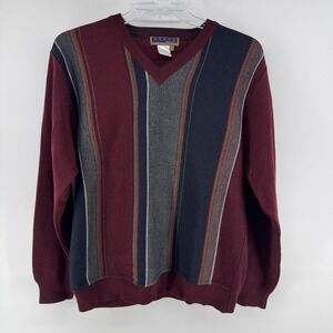 AEFFE Sweater Mens Large Red Striped V Neck Wool Blend Pullover Made Italy